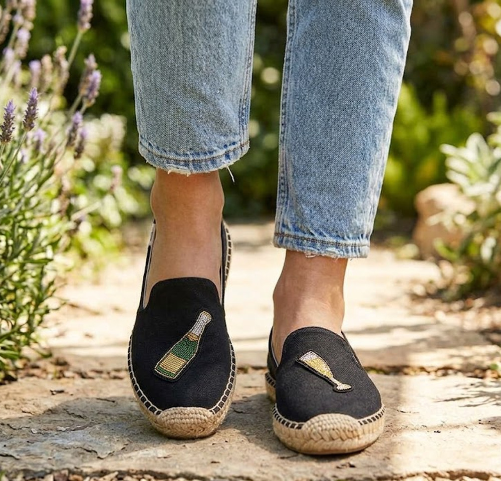 Soludos Cheers Champagne Bottle Espadrille Flats Black Beaded Slip On 6.5